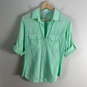 James Perse Womens Large Mint Green Side Panel Button Up Shirt Roll Tab Sleeve